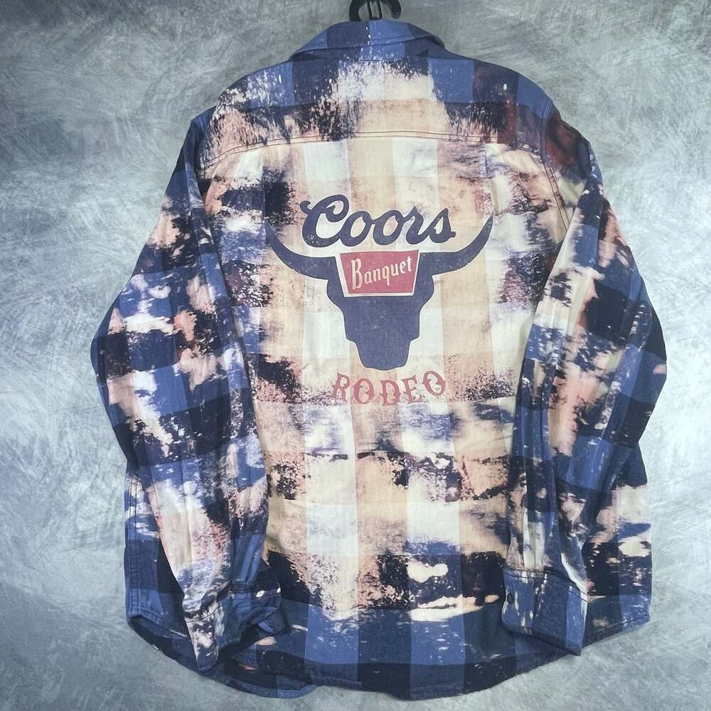 Kai Threads Boutique Coors Banquet Rodeo Distressed Blue Flannel Shirt XL